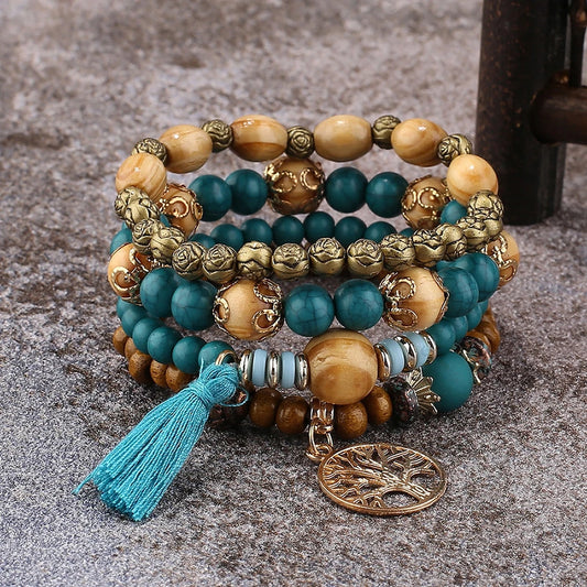 Tree of Life Beaded Bracelet Set – Wooden Charms & Tassels (Elastic Fit)