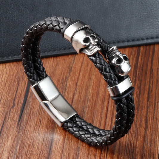 Unisex Braided Leather Skull Bracelet – Handmade Multilayer Stainless Steel