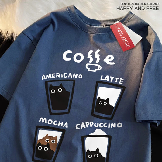 Coffee Cat Japanese Style T-Shirt – Oversized Unisex Cotton Streetwear Tee