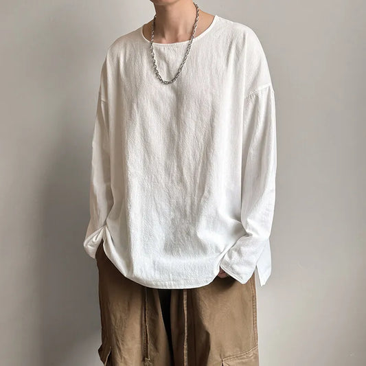 Unisex Cotton Linen Long Sleeve Loose Fit T-Shirt – Casual, Breathable, Comfortable for Spring & Autumn