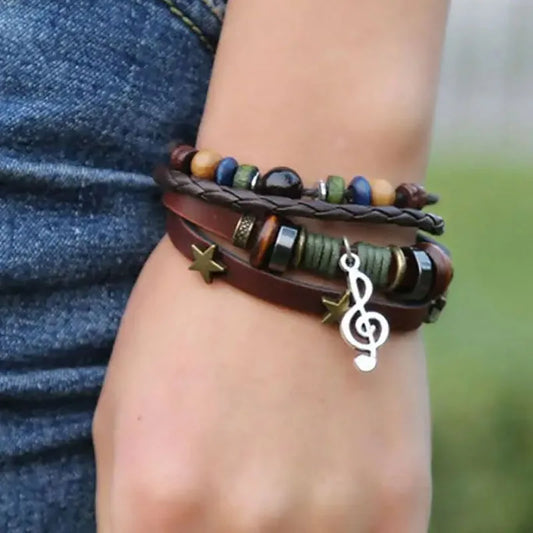 Beaded Leather Bracelet – Classic Style with Alloy Accents, Unisex