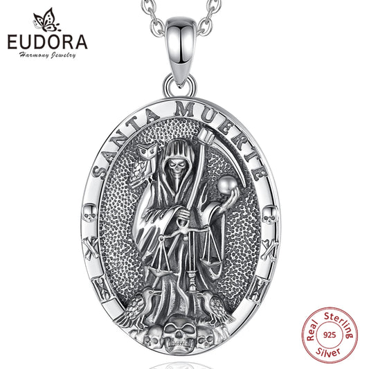 925 Sterling Silver Santa Muerte Scythe Pendant Necklace – Unisex Spiritual Jewelry