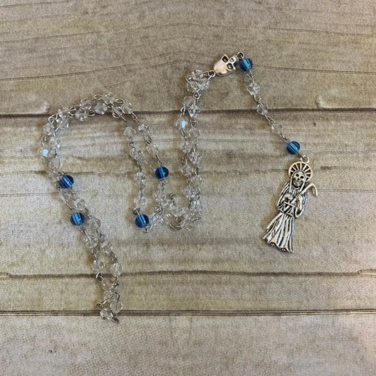 Clear and Blue Santa Muerte Rosary – Sacred Holy Death Prayer Beads | Santísima Muerte Devotional